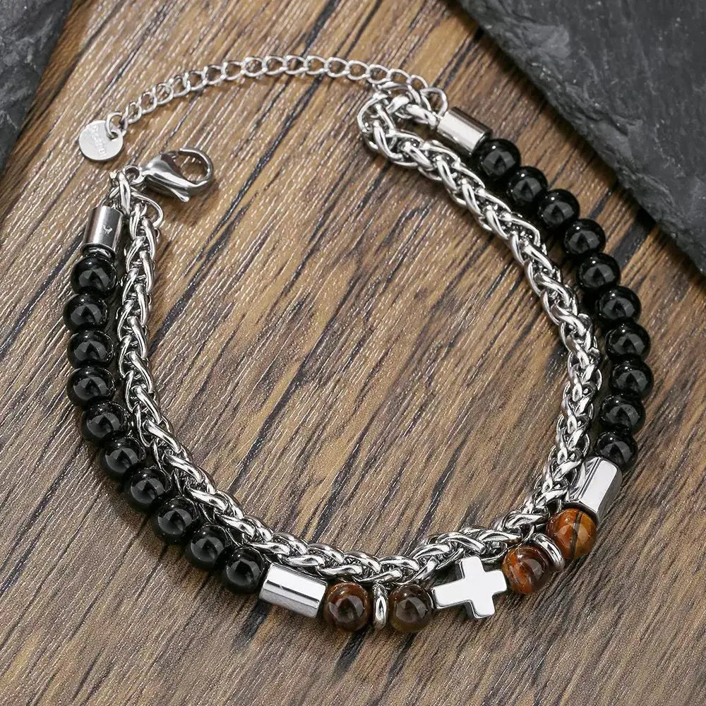 1PC INGX Fashion Stacked Tiger Eye Stone Beaded Bracelet for Men Layered Jesus Cross Bracelet Man Jewelry
