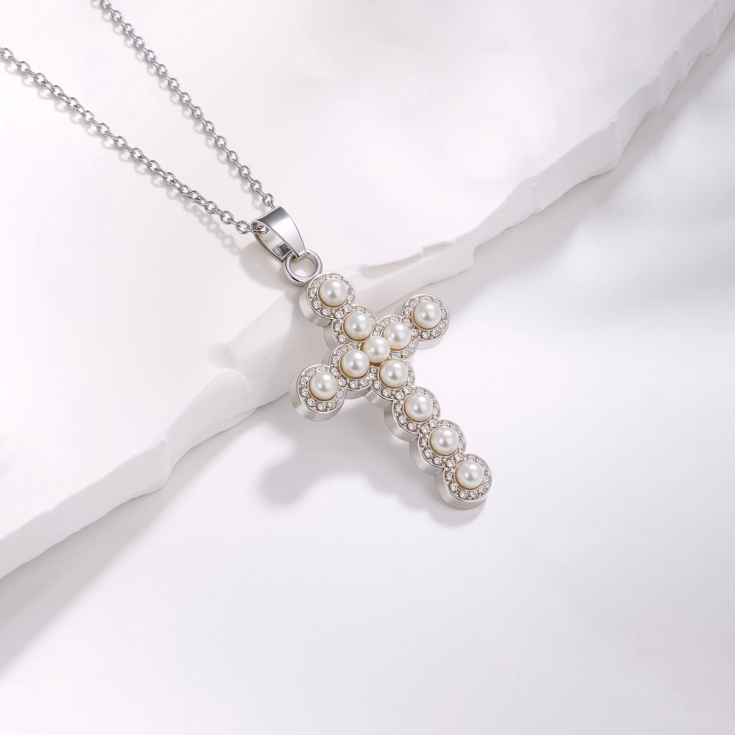 Pearls and Rhinestone Cross Necklace