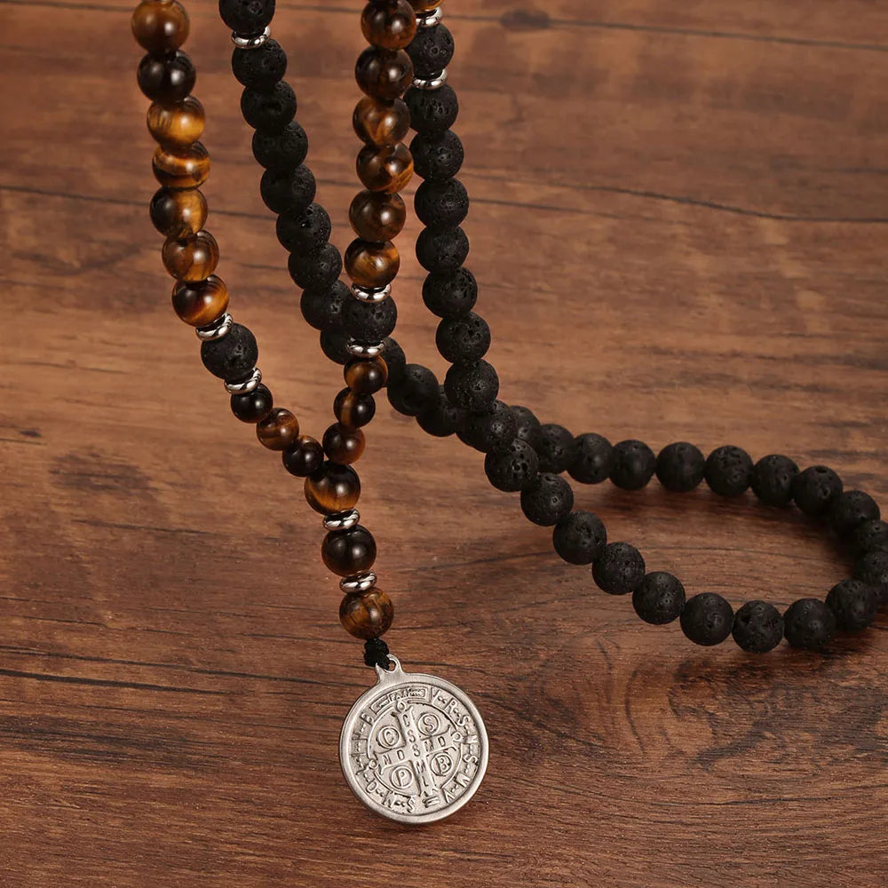 Tigers Eye and Lava Stone Saint Benedict Medal Necklace