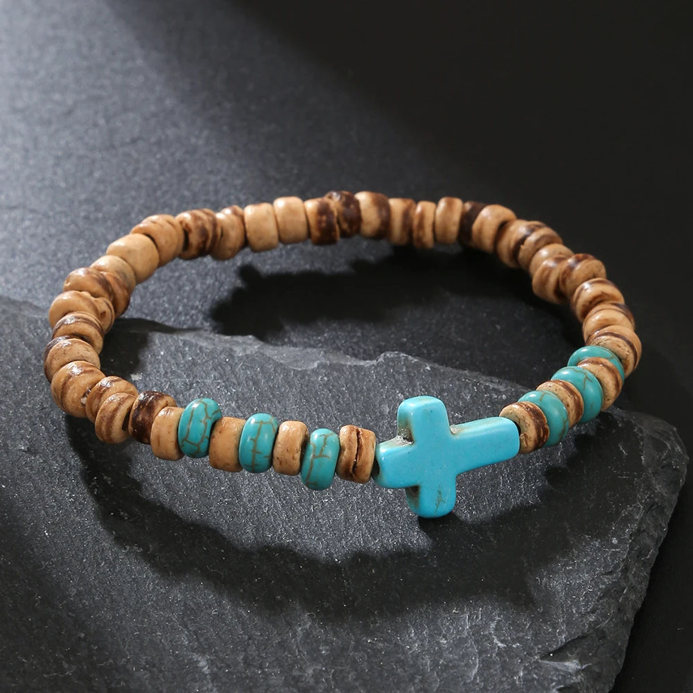 Beaded Coconut Wood Cross Bracelet