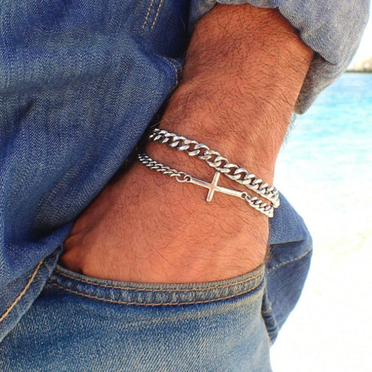 Layered Cross and Cuban Link Stainless Steel Bracelet