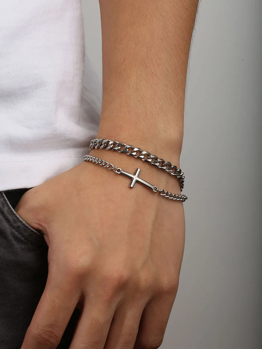 Layered Cross and Cuban Link Stainless Steel Bracelet