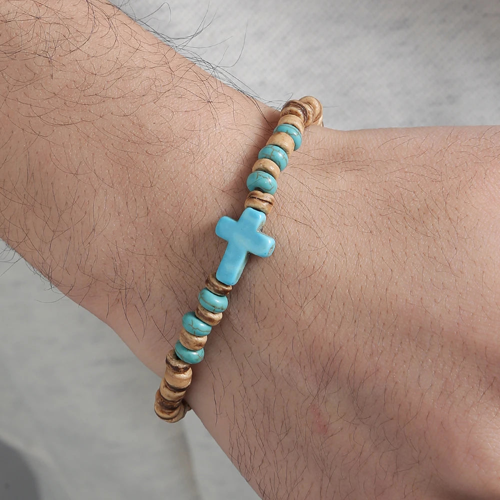 Beaded Coconut Wood Cross Bracelet