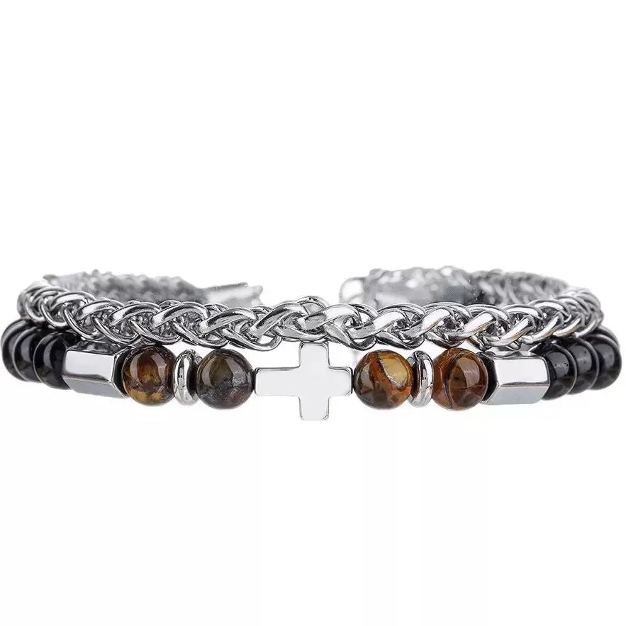 1PC INGX Fashion Stacked Tiger Eye Stone Beaded Bracelet for Men Layered Jesus Cross Bracelet Man Jewelry