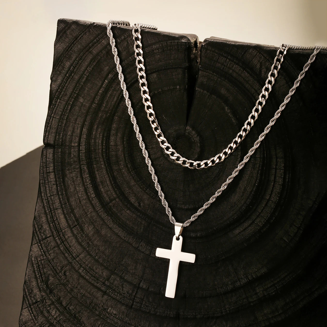 2PCS/SET INGCHAU Fashion Stainless Steel Twisted Chain Cross Necklace for Men Stacked Cuba Chain Necklace Men Spiritual Jewlery