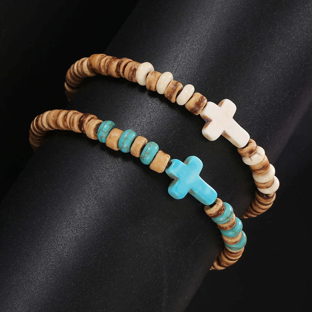 Beaded Coconut Wood Cross Bracelet