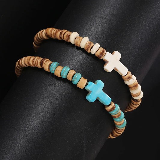 Beaded Coconut Wood Cross Bracelet
