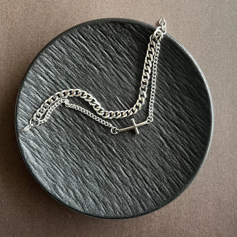 Layered Cross and Cuban Link Stainless Steel Bracelet