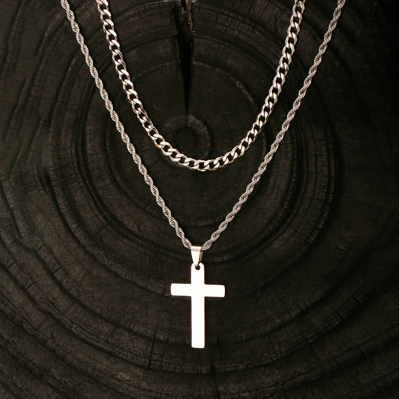 2PCS/SET INGCHAU Fashion Stainless Steel Twisted Chain Cross Necklace for Men Stacked Cuba Chain Necklace Men Spiritual Jewlery
