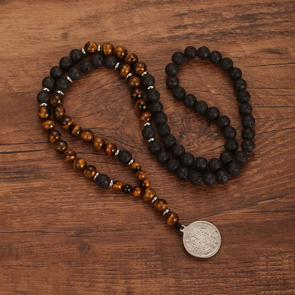 Tigers Eye and Lava Stone Saint Benedict Medal Necklace