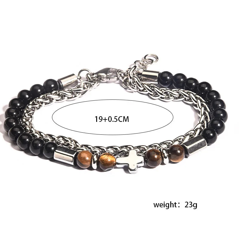 1PC INGX Fashion Stacked Tiger Eye Stone Beaded Bracelet for Men Layered Jesus Cross Bracelet Man Jewelry