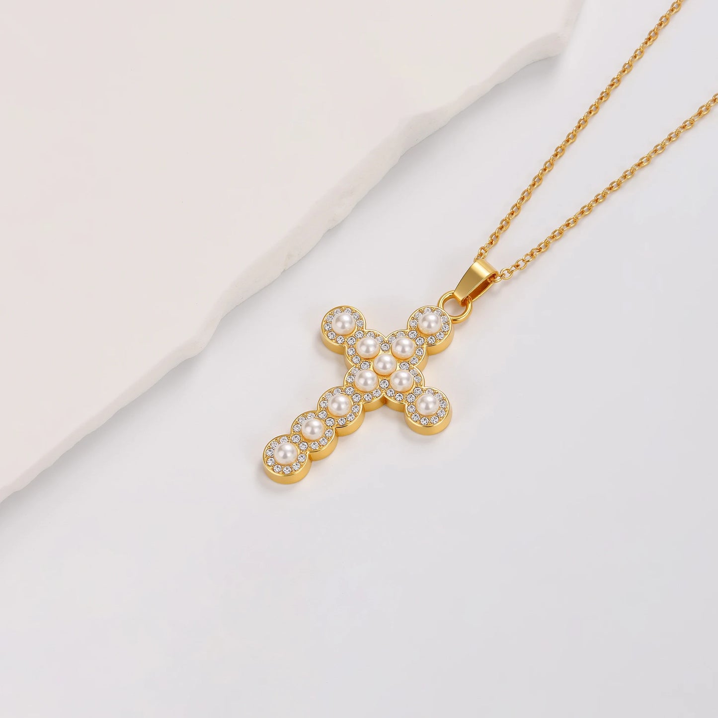 Pearls and Rhinestone Cross Necklace
