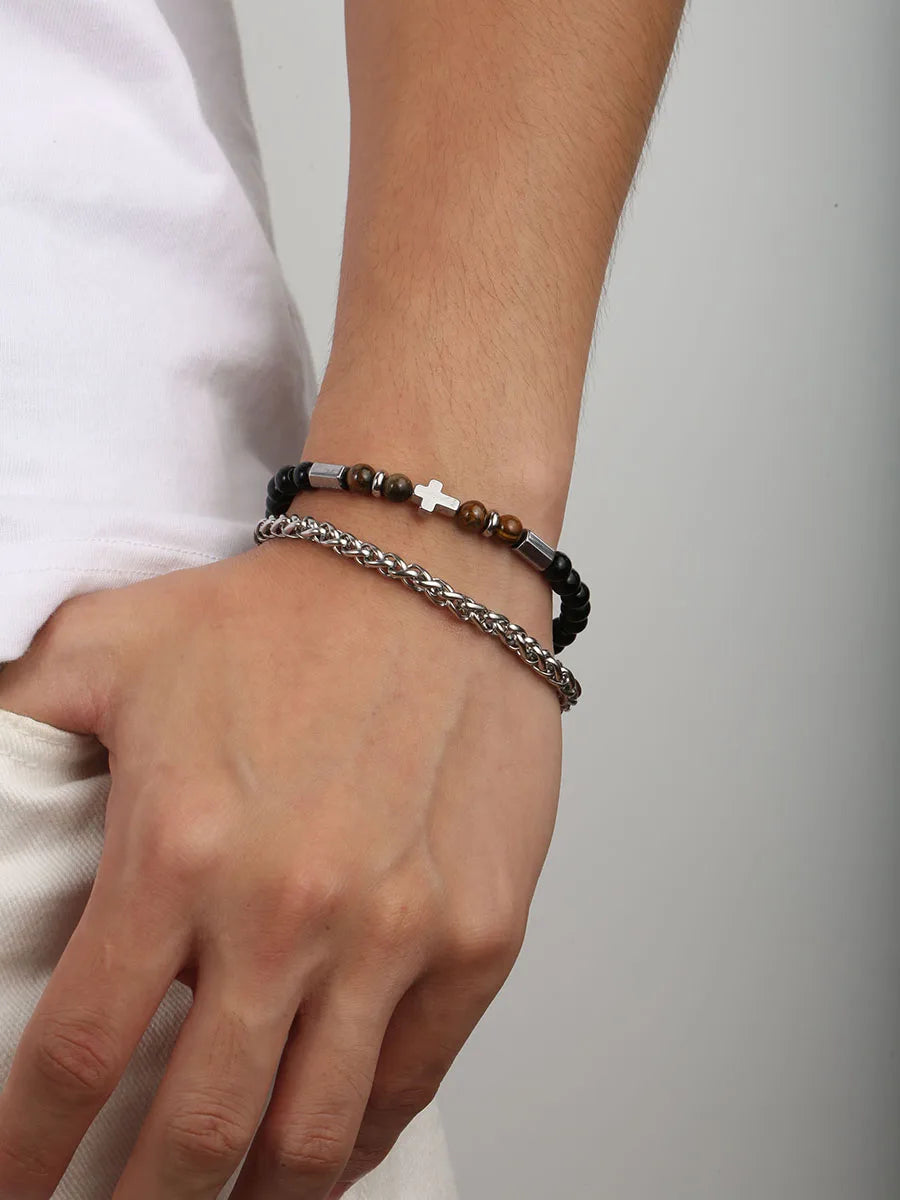 1PC INGX Fashion Stacked Tiger Eye Stone Beaded Bracelet for Men Layered Jesus Cross Bracelet Man Jewelry