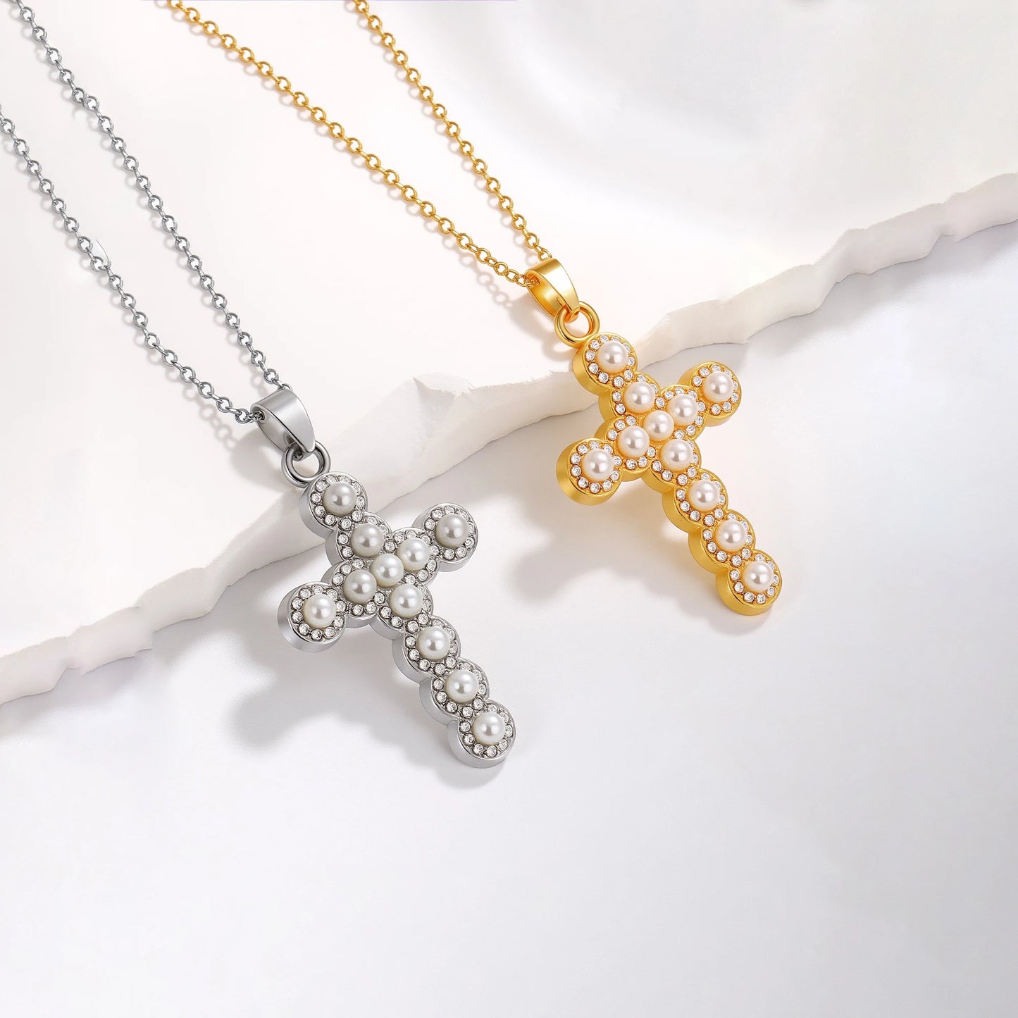 Pearls and Rhinestone Cross Necklace