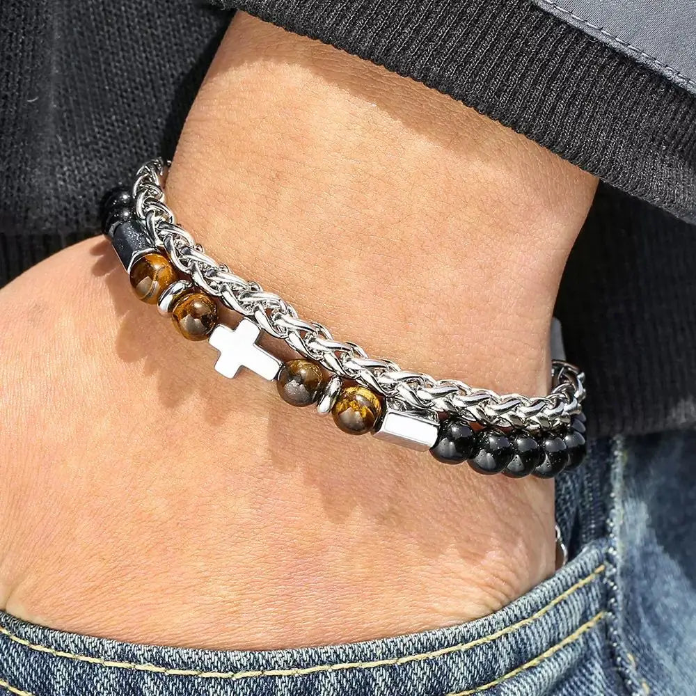 1PC INGX Fashion Stacked Tiger Eye Stone Beaded Bracelet for Men Layered Jesus Cross Bracelet Man Jewelry