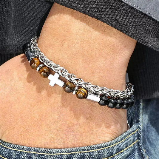 1PC INGX Fashion Stacked Tiger Eye Stone Beaded Bracelet for Men Layered Jesus Cross Bracelet Man Jewelry
