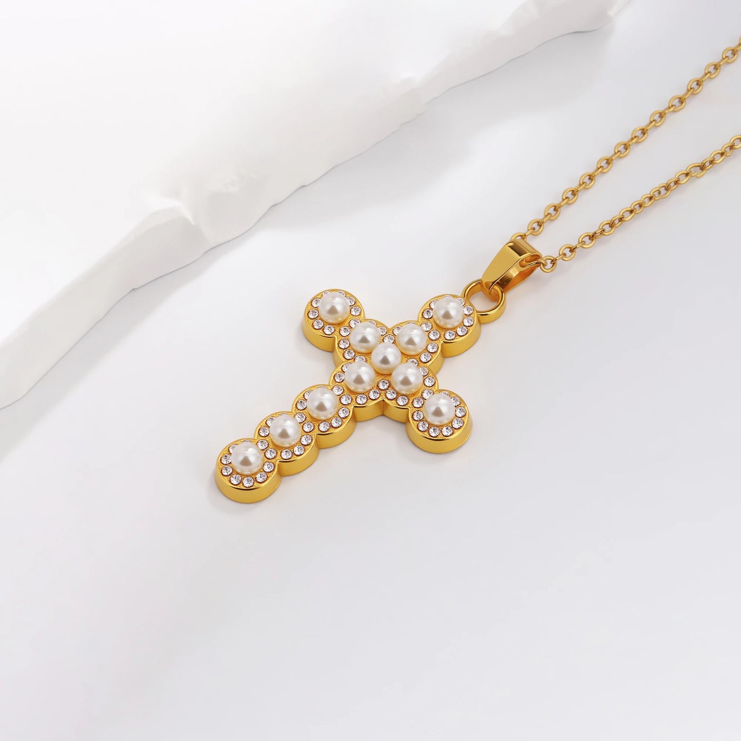 Pearls and Rhinestone Cross Necklace