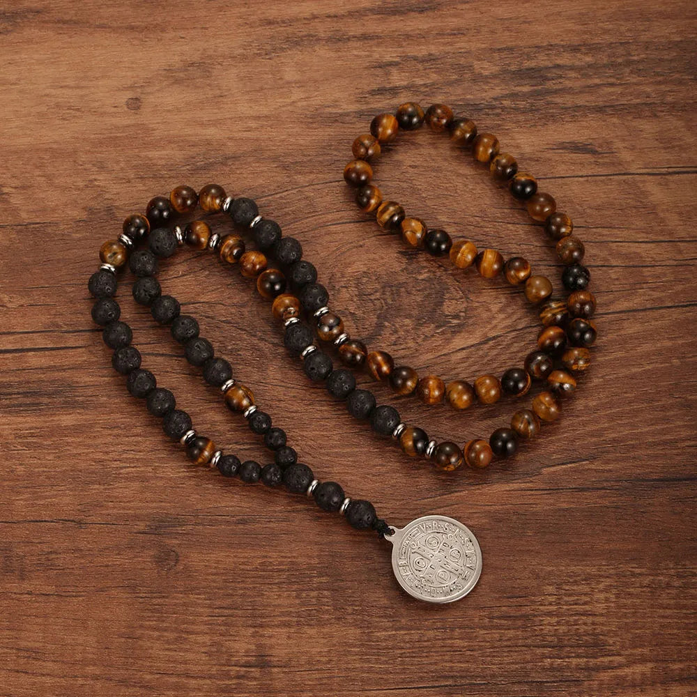 Tigers Eye and Lava Stone Saint Benedict Medal Necklace