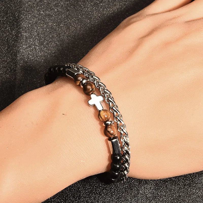 1PC INGX Fashion Stacked Tiger Eye Stone Beaded Bracelet for Men Layered Jesus Cross Bracelet Man Jewelry