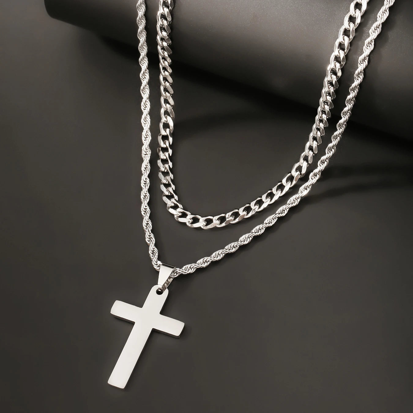 2PCS/SET INGCHAU Fashion Stainless Steel Twisted Chain Cross Necklace for Men Stacked Cuba Chain Necklace Men Spiritual Jewlery