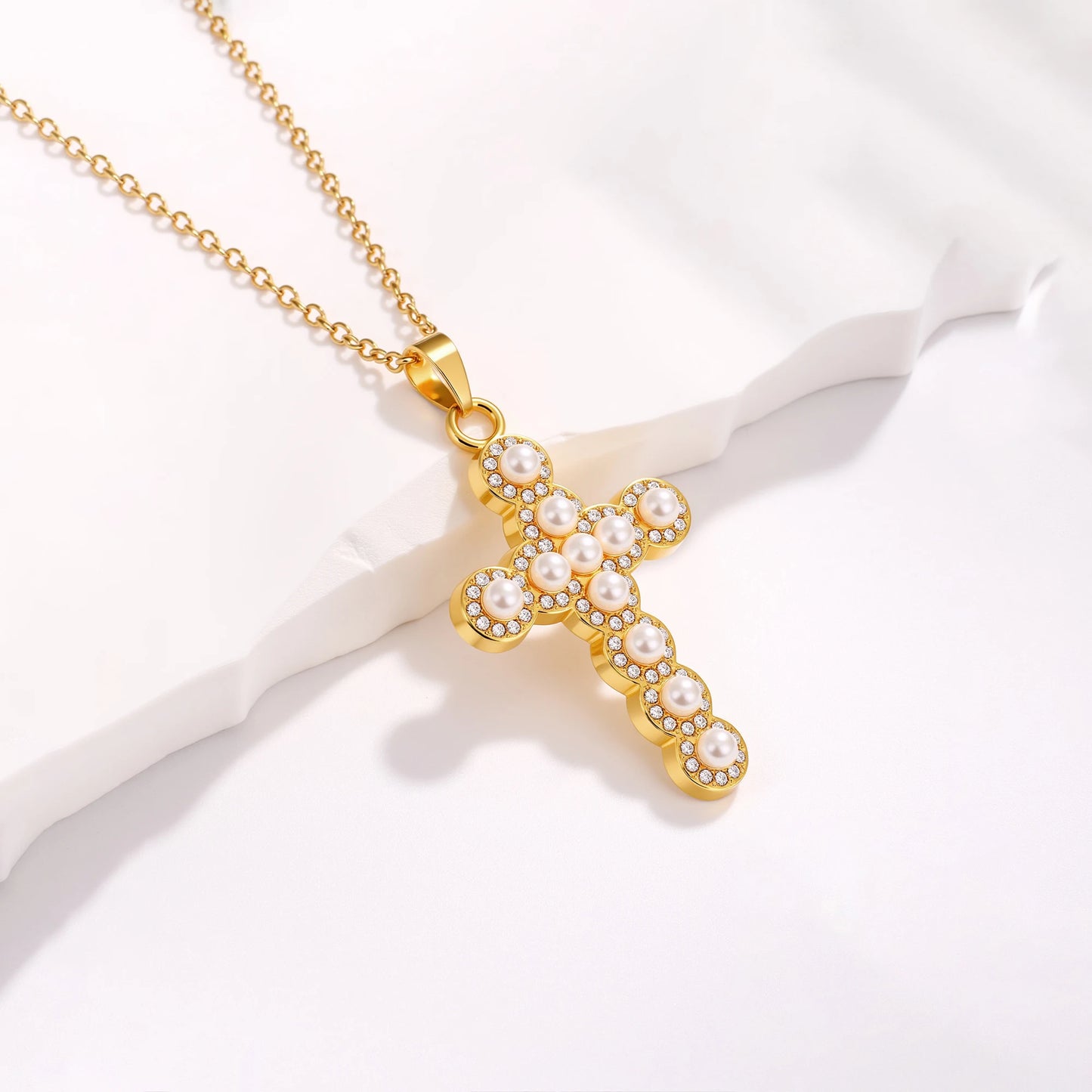 Pearls and Rhinestone Cross Necklace