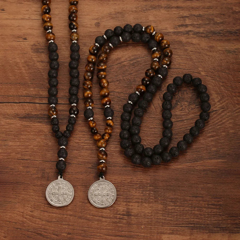 Tigers Eye and Lava Stone Saint Benedict Medal Necklace