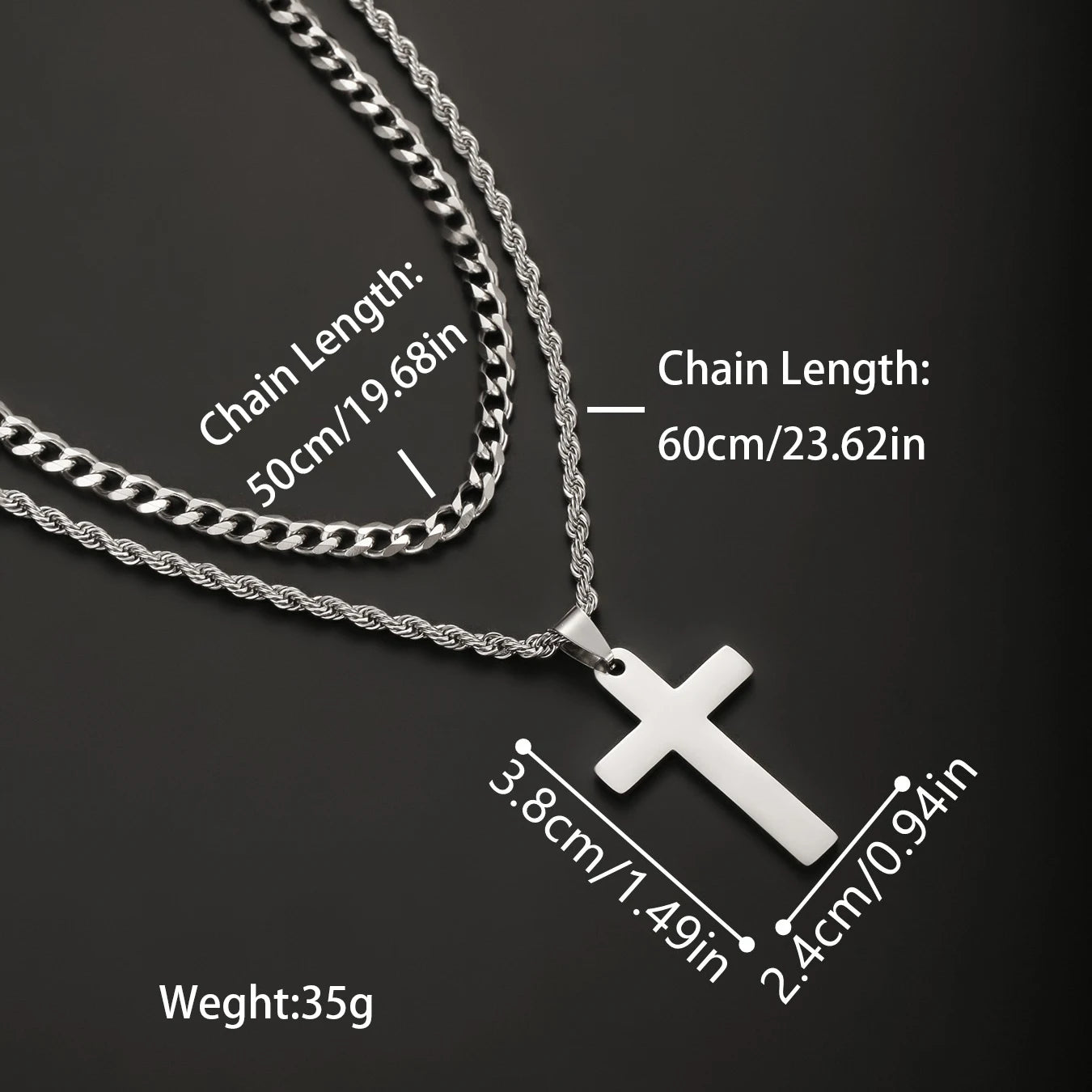 2PCS/SET INGCHAU Fashion Stainless Steel Twisted Chain Cross Necklace for Men Stacked Cuba Chain Necklace Men Spiritual Jewlery
