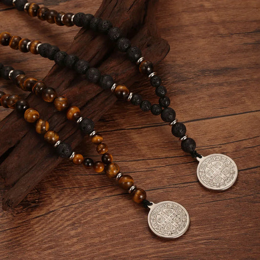 Tigers Eye and Lava Stone Saint Benedict Medal Necklace