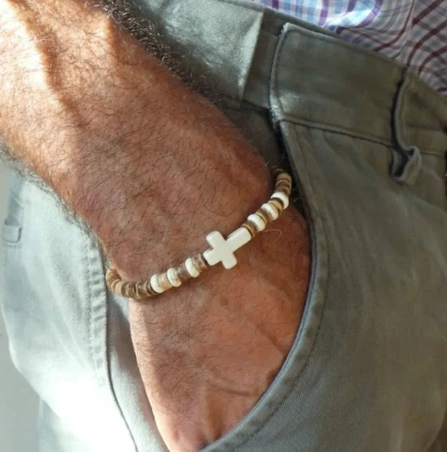 Beaded Coconut Wood Cross Bracelet