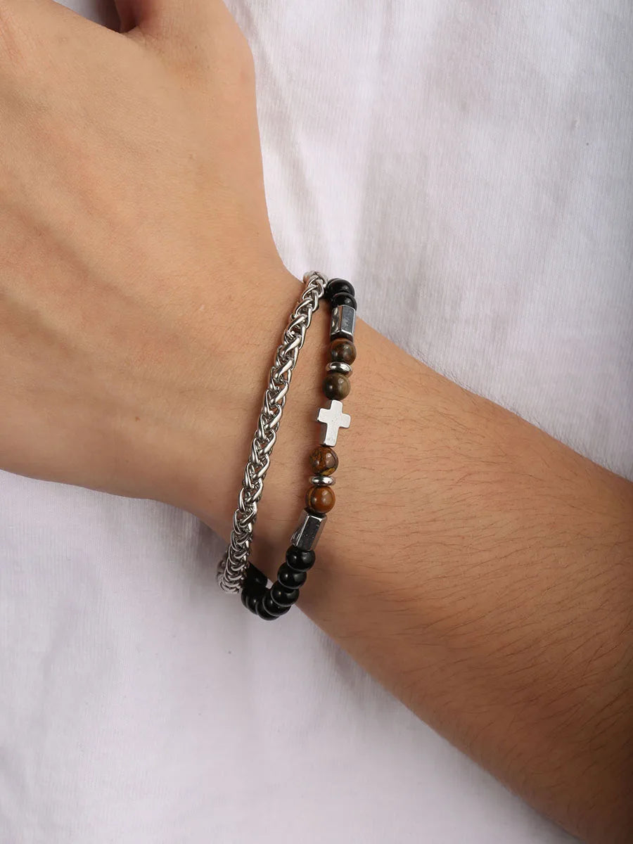 1PC INGX Fashion Stacked Tiger Eye Stone Beaded Bracelet for Men Layered Jesus Cross Bracelet Man Jewelry