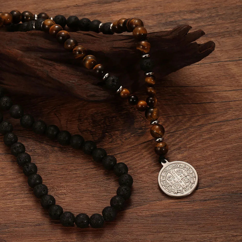Tigers Eye and Lava Stone Saint Benedict Medal Necklace