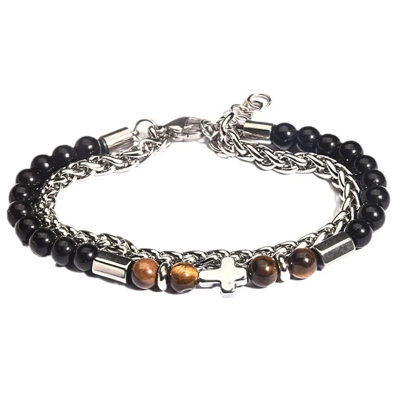 1PC INGX Fashion Stacked Tiger Eye Stone Beaded Bracelet for Men Layered Jesus Cross Bracelet Man Jewelry