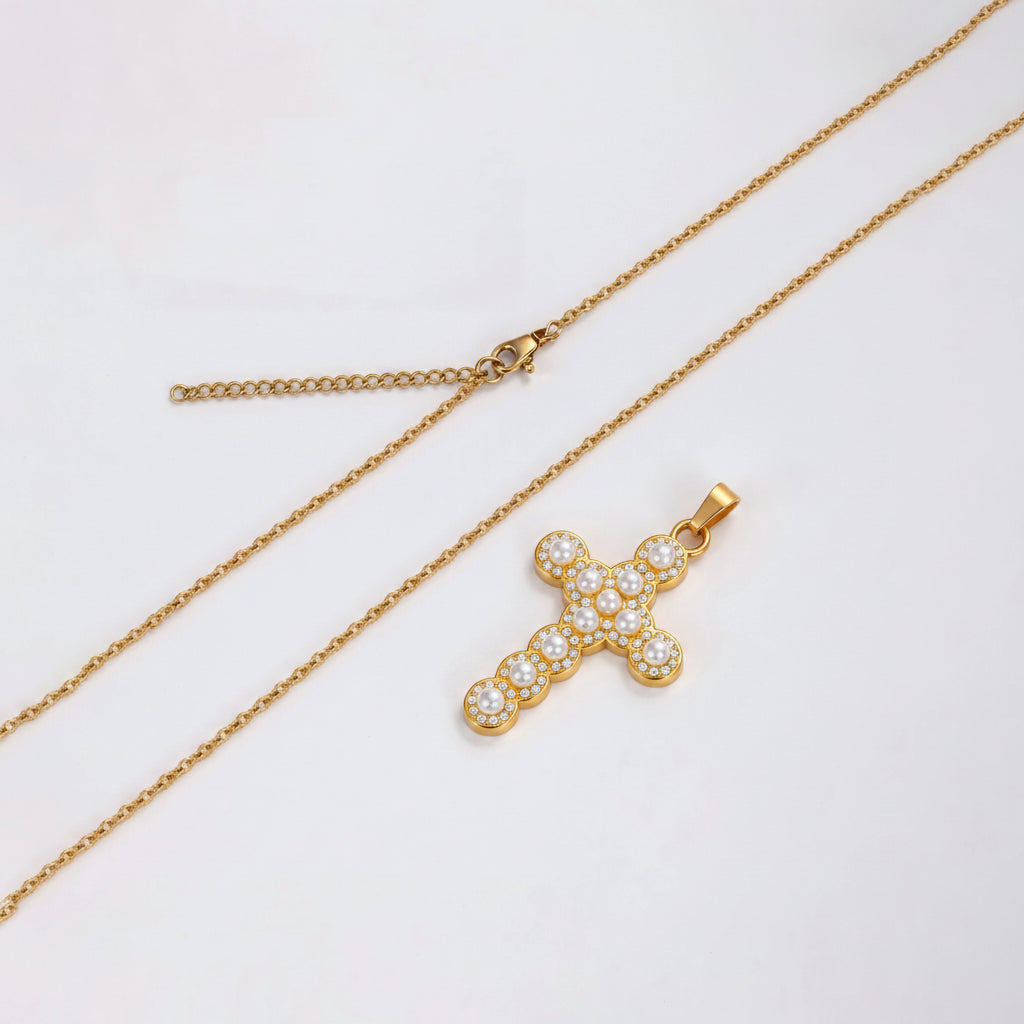 Pearls and Rhinestone Cross Necklace