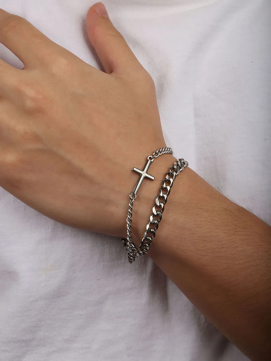 Layered Cross and Cuban Link Stainless Steel Bracelet