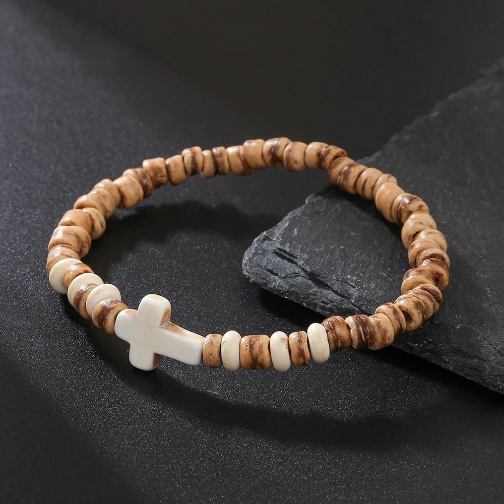 Beaded Coconut Wood Cross Bracelet