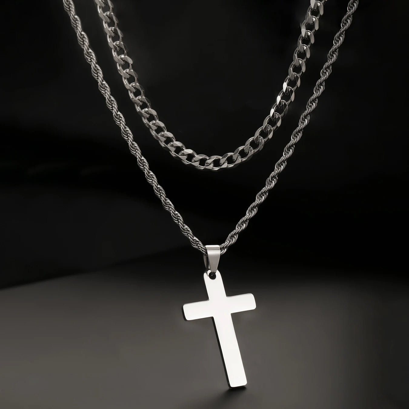 2PCS/SET INGCHAU Fashion Stainless Steel Twisted Chain Cross Necklace for Men Stacked Cuba Chain Necklace Men Spiritual Jewlery