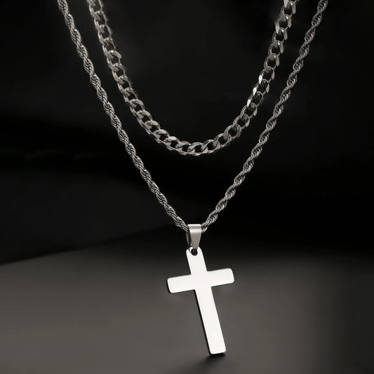 2PCS/SET INGCHAU Fashion Stainless Steel Twisted Chain Cross Necklace for Men Stacked Cuba Chain Necklace Men Spiritual Jewlery
