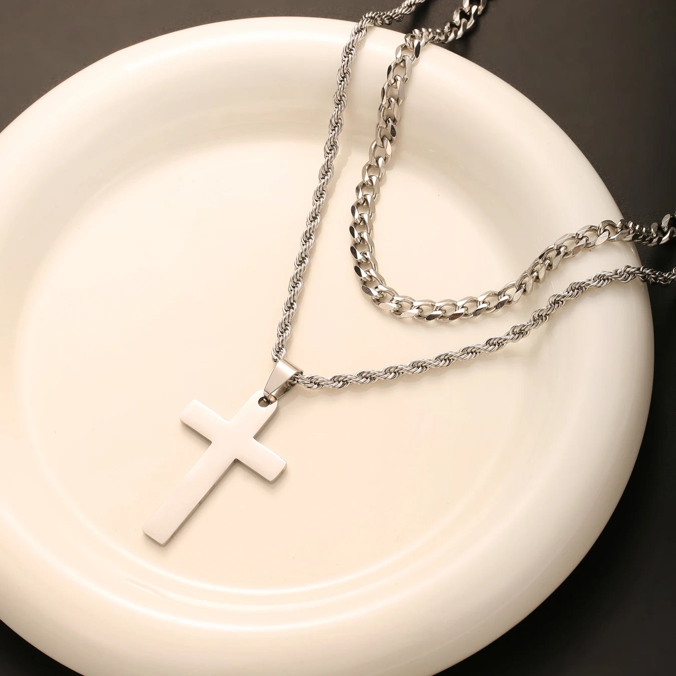2PCS/SET INGCHAU Fashion Stainless Steel Twisted Chain Cross Necklace for Men Stacked Cuba Chain Necklace Men Spiritual Jewlery